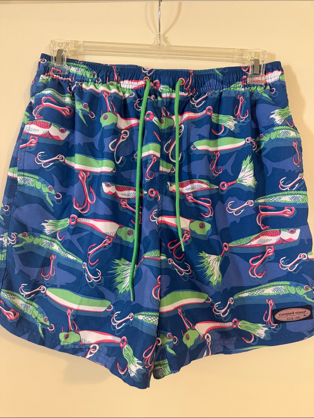 Vineyard Vines Blue Swim Trunks with Green and Pink Lure Print